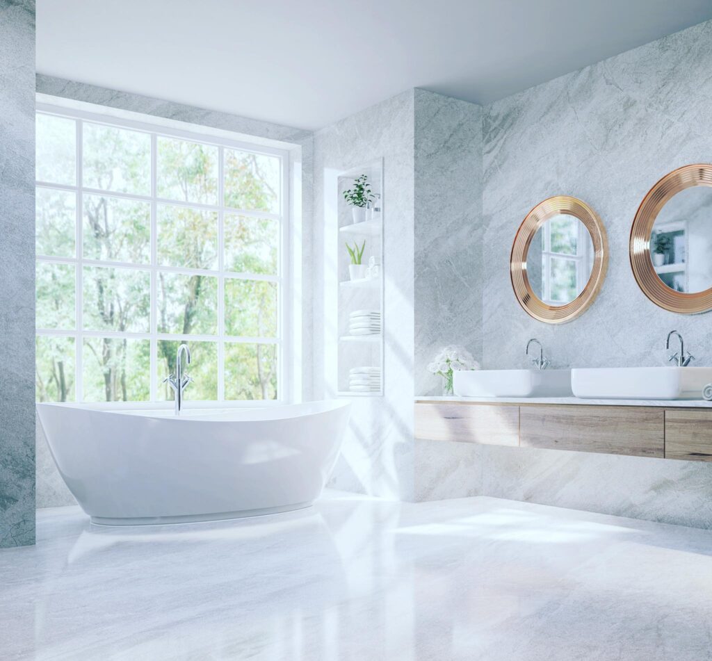 Newly renovated bathroom with updated fixtures, double vanity, and stylish interior remodeling.