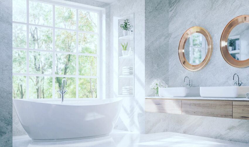 Newly renovated bathroom with updated fixtures, double vanity, and stylish interior remodeling.