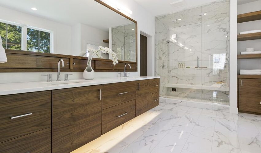 Modern spa-like bathroom with oversized vanity, walk-in glass shower, natural lighting, and upscale finishes.