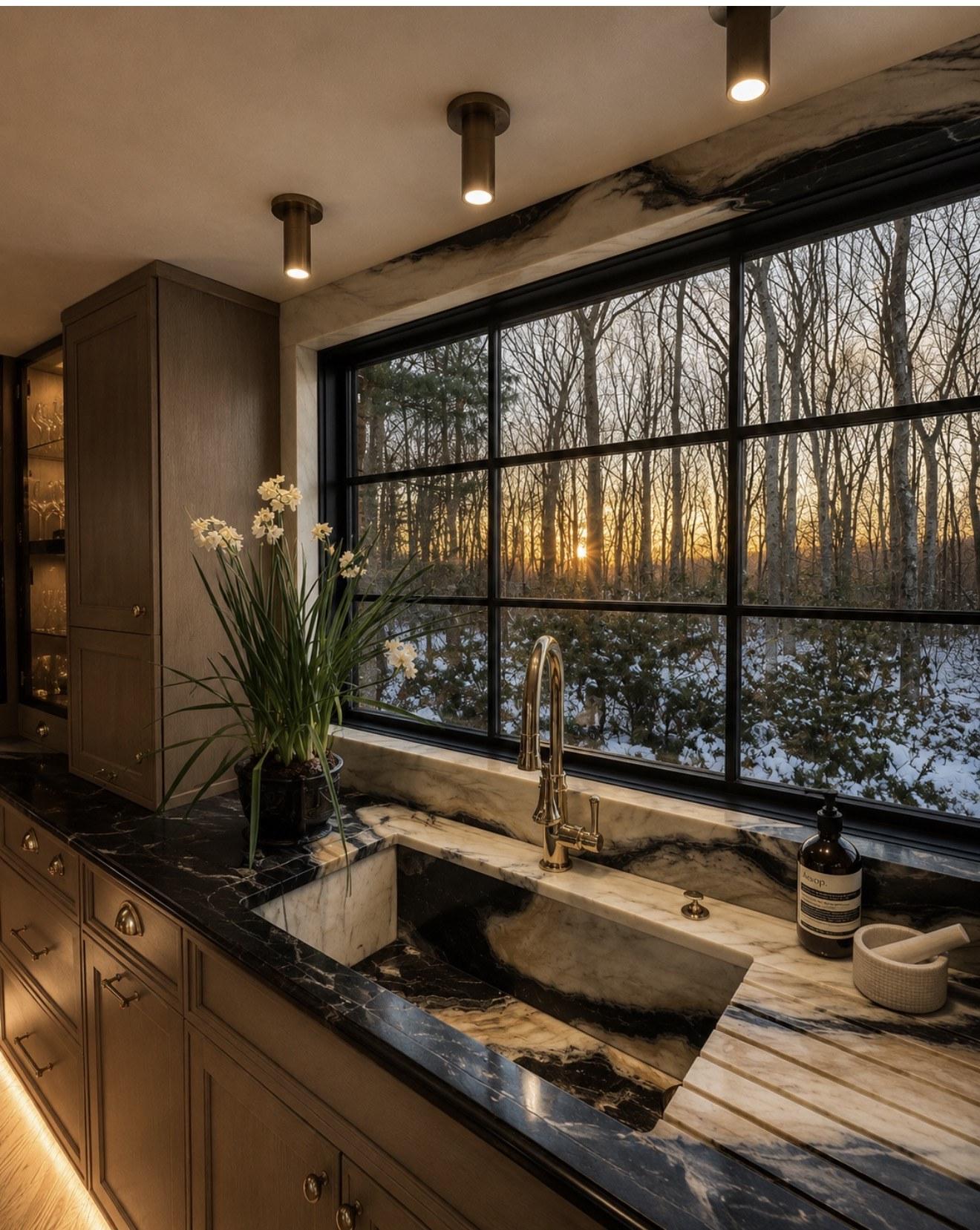 Marble countertop and integrated stone sink in a Mendham, NJ kitchen remodel