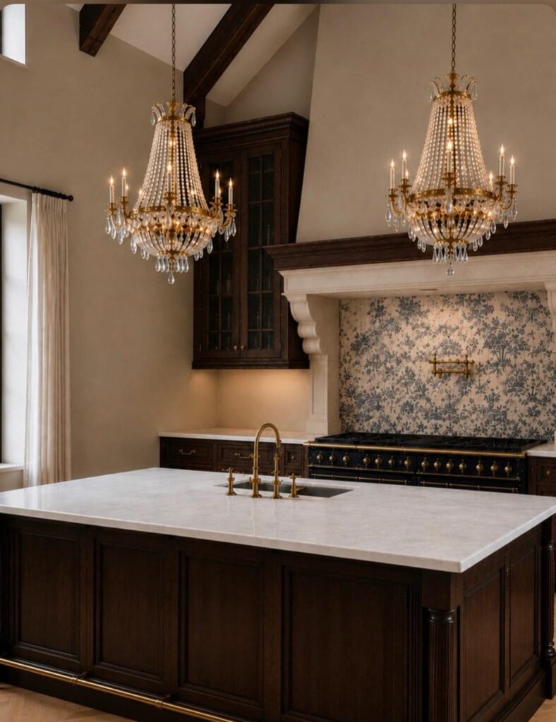 Remodeled kitchen in a Mendham, NJ home with a large island, custom dark cabinetry, and paired chandeliers